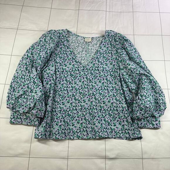 A New Day Top Womens Medium Green Purple Floral Statement Sleeve V Neck Pullover - Picture 1 of 7